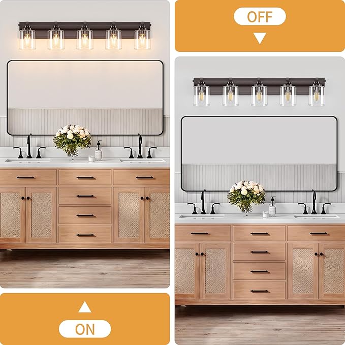 5 Light Modern Bathroom Light Fixtures Over Mirror, Bronze Finish Vanity Lights for Bathroom Wall Sconces with Clear Glass Shades, E26 Socket (Bulbs Not Included)