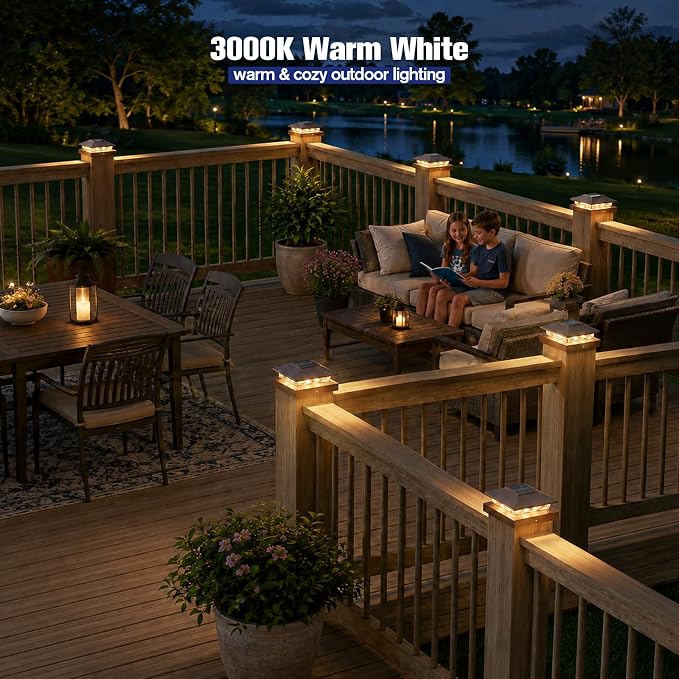 APONUO Solar Post Cap Lights for 4x4 Posts - IP64 Waterproof, 3000/6500K LED, Wireless Fence Lights & Deck Lights for Patios, Gardens, and Yards, Brown-Warm/Cool White, 12-Pack