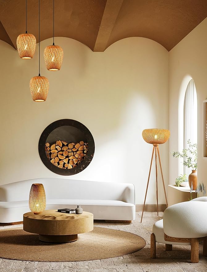 Wicker Pendant Lights Bamboo Pendants Light Boho Chandelier Rattan Pendant Wicker Light Fixture Woven Pendants Lights for Kitchen Island Living Room Dining Room (Bulb Incl.)
