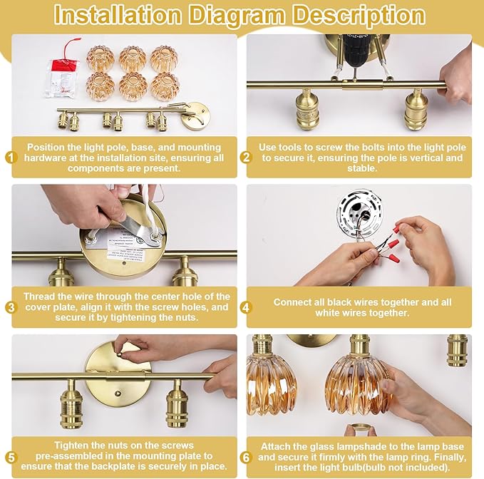 Vintage Bathroom Light Fixtures,6-Light Hardwired Vanity Lights with Clear Tulip Glass Shade,Gold Bathroom Vanity Light for Mirror Restroom,E26 Socket,40.55 in(Bulbs Not Included)