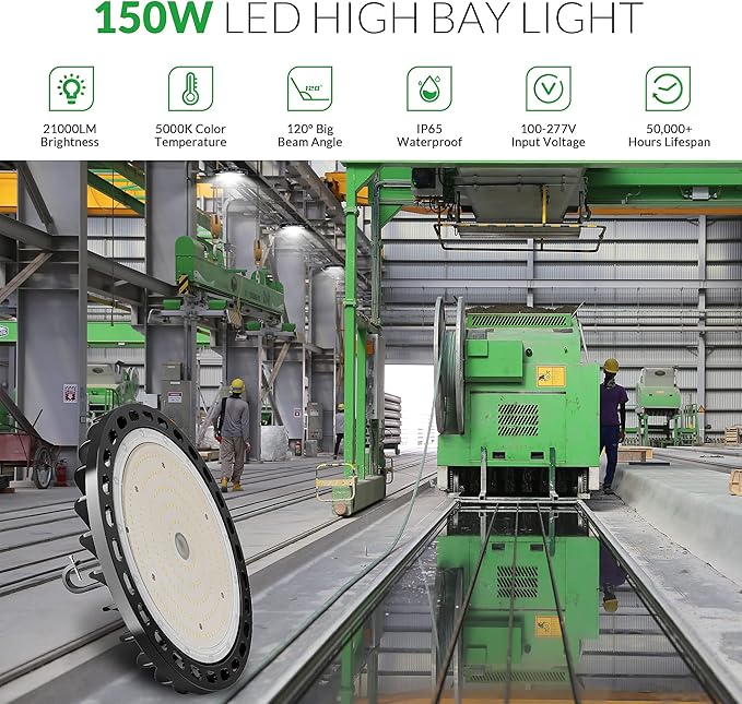 LED High Bay Light 150W, 22500 LM with US Plug 5ft Cable (150LM/W), 5000K Daylight, Waterproof, UFO Commercial Warehouse Workshop Factory Barn Garage Area Lighting Fixture, 2 Pack
