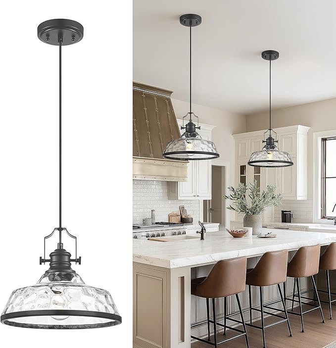 kudos Pendant Lights Kitchen Island, 11" Black Pendant Lights with Clear Hammered Glass Shade, Farmhouse Large Hanging Light Fixture for Kitchen Sink Dining Room, KDPL13-BK-H