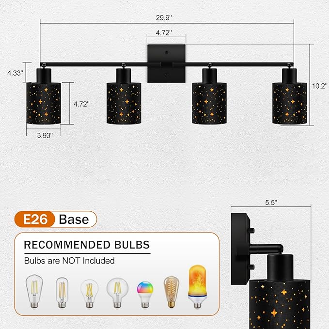 4 Light Track Lighting Kit, Black 4 Way Modern Flexible Ceiling Spotlight, Industrial LED Wall Light for Kitchen Cabinet Gallery Bar Hallway Living Room, Black Stars Design Contemporary, E26 Socket