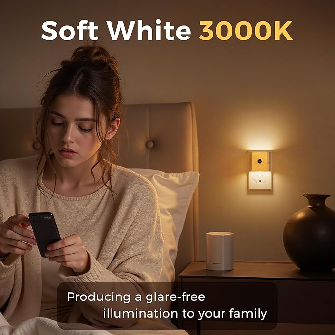 L LOHAS LED Night Light,Plug in Night Light with Motion Sensor and Dusk to Dawn Sensor, Brightness Adjustable,3000K Soft White, Gold Nightlight for Bathroom Hallway Kitchen