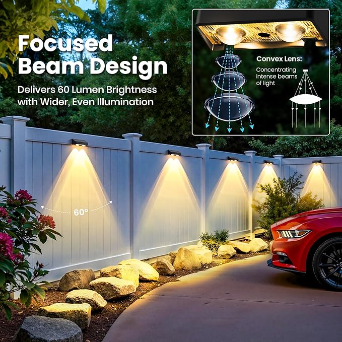 Solar Fence Lights Outdoor 12 Pack, 50 LM 11 Modes & 9 Colors Solar Lights with Brighter LED Focus Lens Waterproof IP65 for Wall Backyard Deck Patio Porch Step Railings Pool Decor