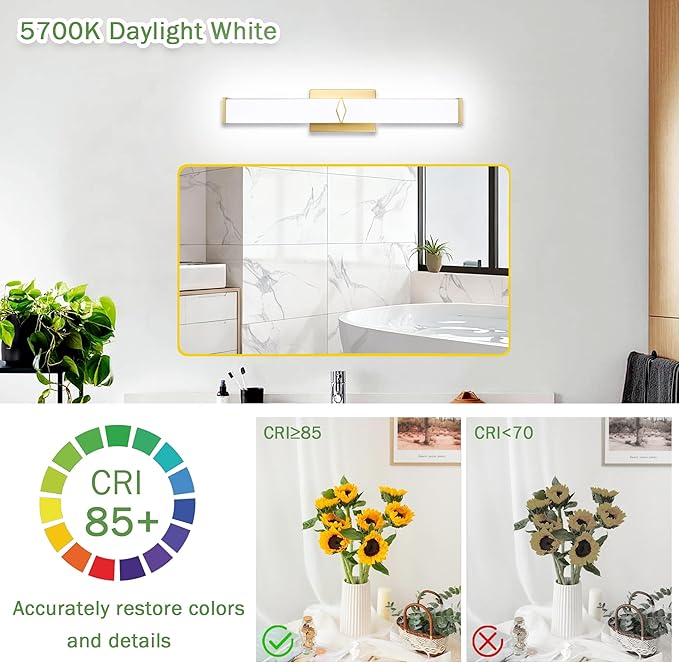 24 Inch Bathroom Vanity Light 2500LM, 5700K Daylight White Modern Bathroom Light Dimmable, AC 120V 25W Gold LED Vanity Lighting Fixtures Wall Sconce ETL Certified, 2Pack