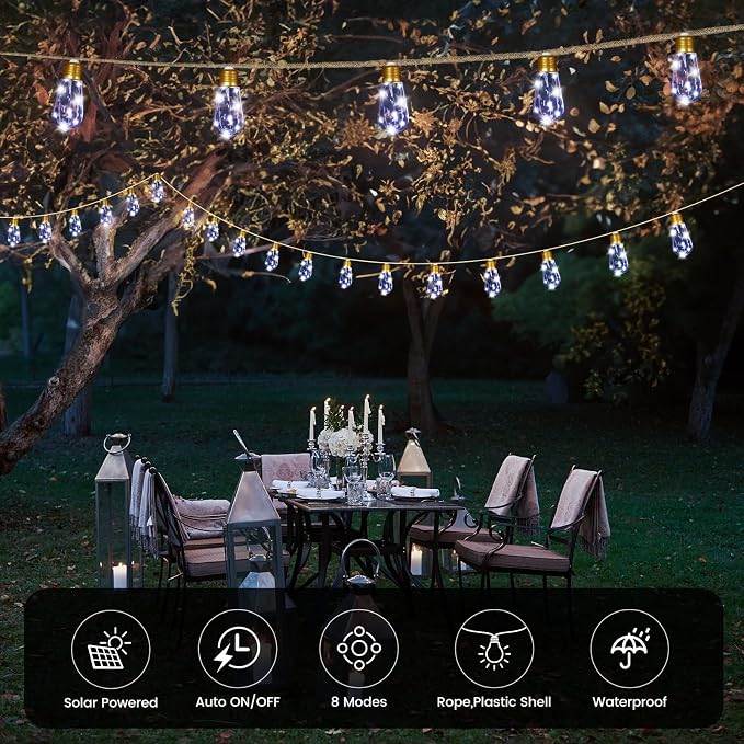 Solar Outdoor String Lights 2 Pack 24FT Vintage Rope Hemp Solar Lights with 20 Shatterproof Bulbs,8 Modes Solar Powered String Lights with Memory Function, Waterproof for Fence,Balcony,Garden(White)