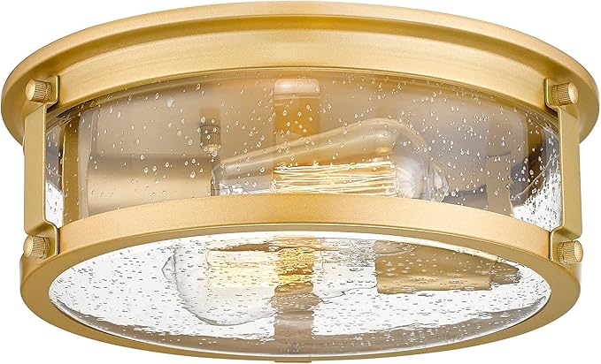 Flush Mount Ceiling Light Fixture, 2 - Lights Farmhouse Ceiling Light, Industrial Seeded Glass Light Fixtures with Metal Cage for Hallway Porch Corridor Kitchen Bathroom Bedroom Passway - Gold