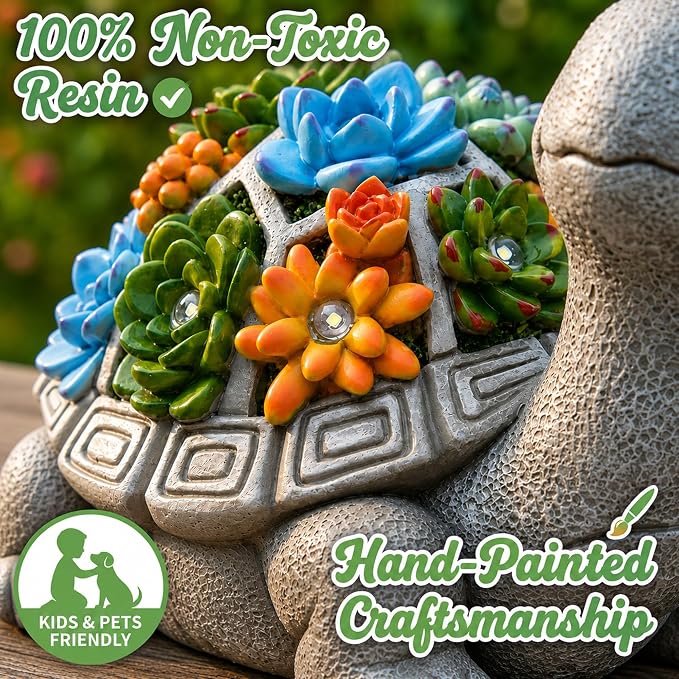 Nacome Solar Garden Outdoor Statues Turtle with Succulent and 7 LED Lights - Lawn Decor Statue for Patio, Balcony, Yard Ornament - Gifts for Mom Grandma Women