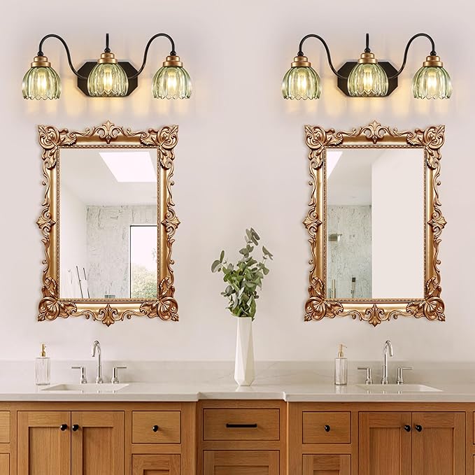 Vintage Bathroom Vanity Light, Bathroom Lighting Fixtures Over Mirror, Mid Century Style Farmhouse Light Fixtures with Green Glass Shades, Black Finish Wall Mount for Bedroom (Green, 3-Light)