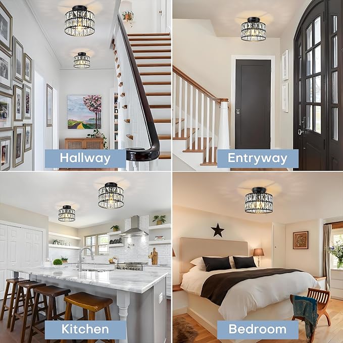 9 Inch Crystal Ceiling Light with Dimmable Options, Modern Flush Mount Chandelier for Low Ceiling, Crystal Light Fixture for Kitchen, Bedroom, Bathroom, Entryway, Hallway, Closet (Black)