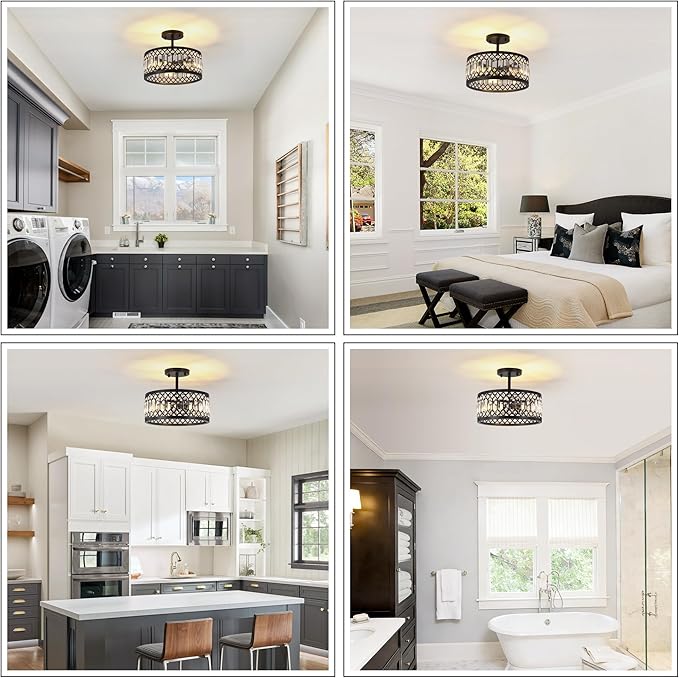 CNRATYE 12.6" Crystal Semi Flush Mount Ceiling Light Fixture, 3-Light Antique Black Hallway Light Fixtures, Round Chandelier for Bathroom Entryway Closet Bedroom Kitchen Dining Room