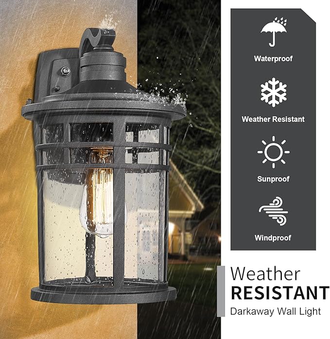 Darkaway Dusk to Dawn Outdoor Porch Wall Light,Outside Wall Mounted Light Seeded Glass Exterior Waterproof Lantern 14.57inch Large Modern Wall Sconce Lighting for House Front Door Garage