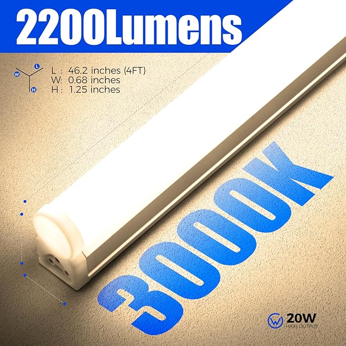 Barrina 12 Pack T5 LED Shop Light 4FT, 3000K Warm White, 2200lm, 20W, Utility Linkable Ceiling and Under Cabinet Light Fixtures, ETL Listed, Corded Electric with ON/Off Switch for Garage Workshop