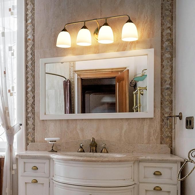 Gold 4-Light Traditional Bathroom Vanity Light Fixtures Over Mirror, Modern Vanity Lights for Living Room, Standard E26 Base, Aged Brass