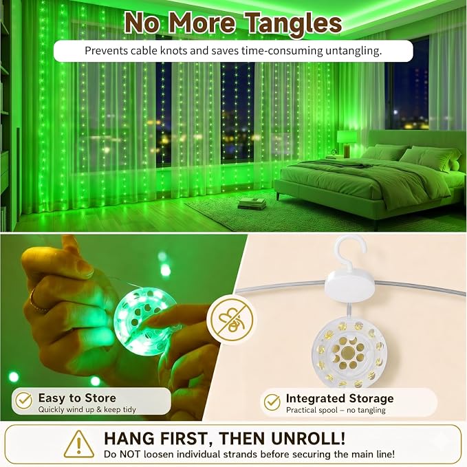 HXWEIYE 300LED Untangled Curtain Lights, 9.8x9.8Ft USB Fairy Twinkle String Lights with Remote and DIY Timer, 8 Modes Window Wall Hanging Light for Bedroom Dorm Backdrop Room Decor, Green