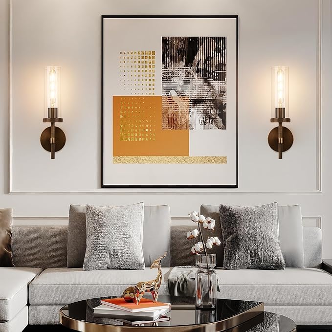 15" Knurled Brass Wall Sconce with Clear Glass Tube, Bronze Bathroom Vanity Light Fixtures, Modern Lamp Lighting for Bedroom, Living Room, Hallway, Staircase, Mirror, Kitchen