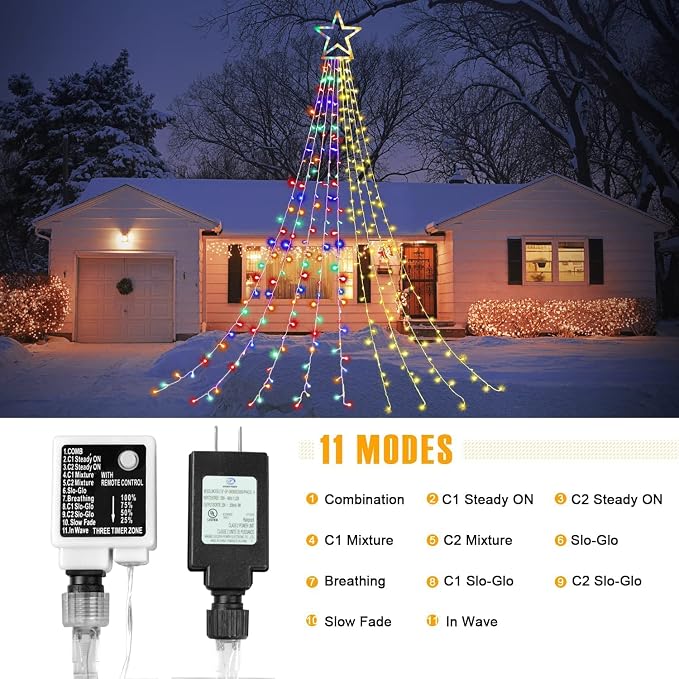 DANLI Outdoor Christmas Decoration Star String Lights,320 LED 16.4ft Christmas Lights Waterfall Tree Lights with 13" Topper Star,Plug-in Hanging Fairy Lights for Xmas New Year Holiday Party