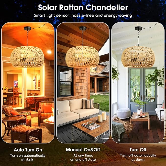 Solar Chandelier Outdoor 4-Light Rattan Chandelier Outdoor with Remote, Dimmable & Timer, Dual Power with USB, Boho Hanging Light for Porch, Gazebo, Patio, Pergola, Bulbs Included