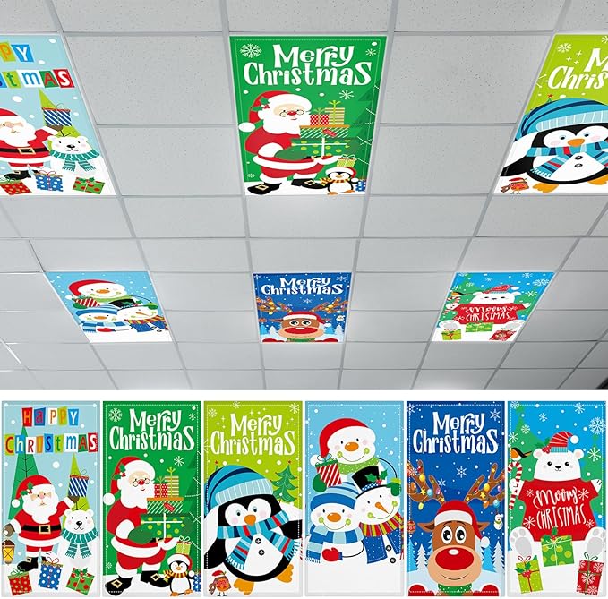 6 Pack Fluorescent Light Covers with 60 Magnets Decorative for Classroom Ceiling Light 4 x 2 Feet Magnetic Light Covers Filter Easy Install for Office School Hospitals Drop Ceiling Supplies(Christmas)
