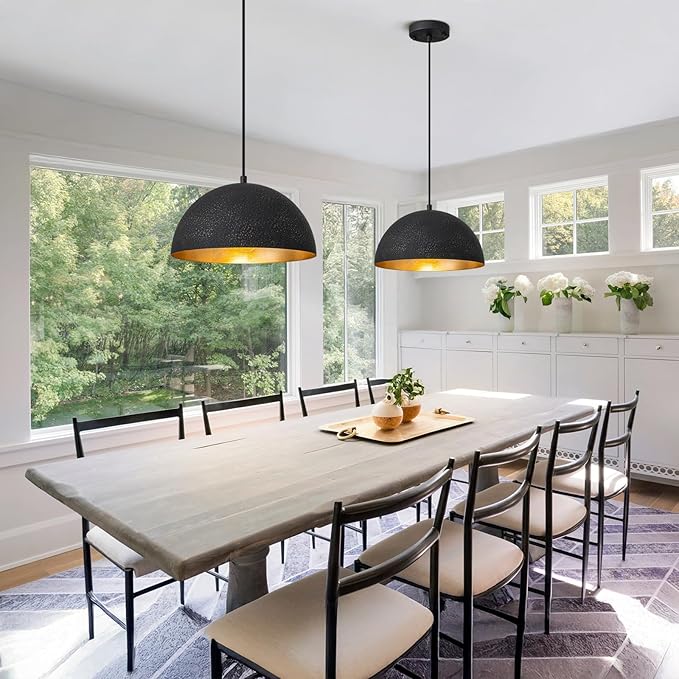 11.8" Farmhouse Pendant Light,Black with Gold Grain Industrial Dome Chandelier 2 Pack,Adjustable Vintage Pendant Lights Kitchen Island for Dining Room,Bedroom,Hallway