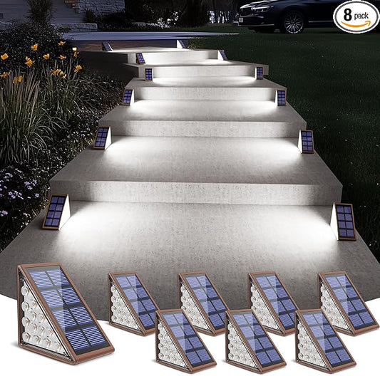 NIORSUN Solar Stair Lights,Cool White Outdoor Step Lights IP67 Waterproof Auto On Off, Outdoor Stair Lights for Steps,Stair,Patio,Yard,Porch,Front Door,Sidewalk,Deck Decor（Brown, 8 Pack）