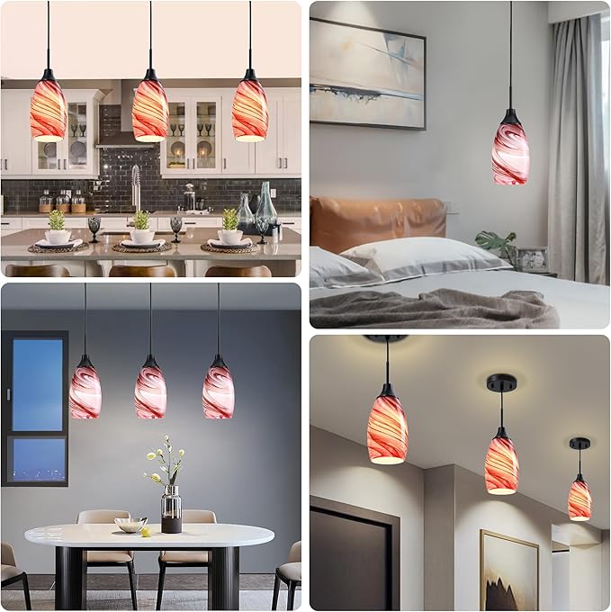 Viinew Mini Glass Pendant Light 4.72" with Handblown Burgundy Marble Art Glass Hanging Light 1-Pack Oval Ceiling Hanging Light Fixture for Dining Room Kitchen Island Cafe Foyer Hallway