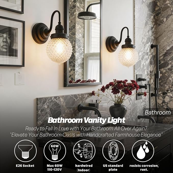Vintage Farmhouse Wall Sconce Black Bathroom Sconces with Round Pineapple Pattern Clear Glass Shade Hardwire Wall Mounted Lamp for Bathroom Living Room Bedroom Kitchen E26 Indoor