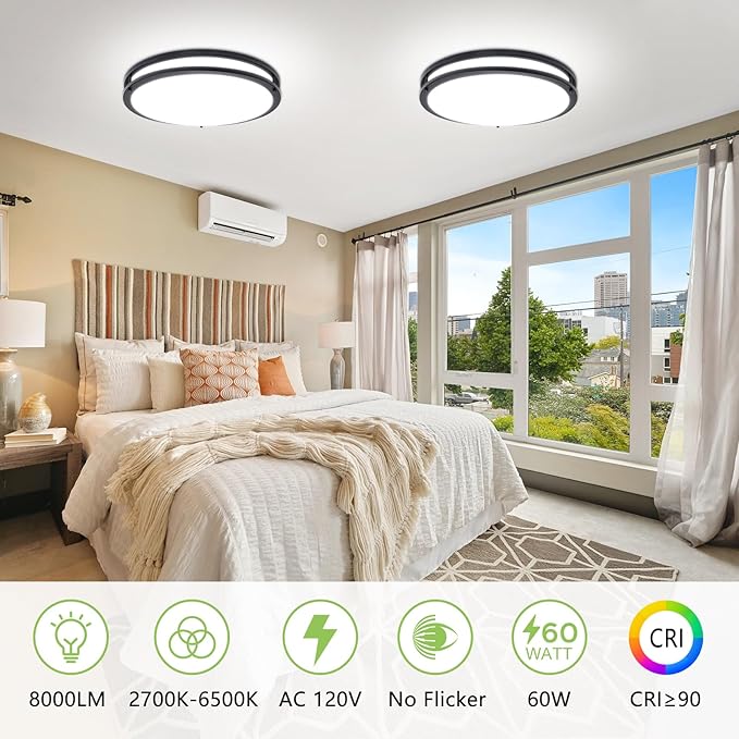 Flush Mount Ceiling Light - 2 Pack 36W 3000K/3500K/4000K/5000K/6000K Dimmable Led Ceiling Light Fixture for Kitchen Hallway Bedroom Bathroom (2, Black, 17.5 Inch)