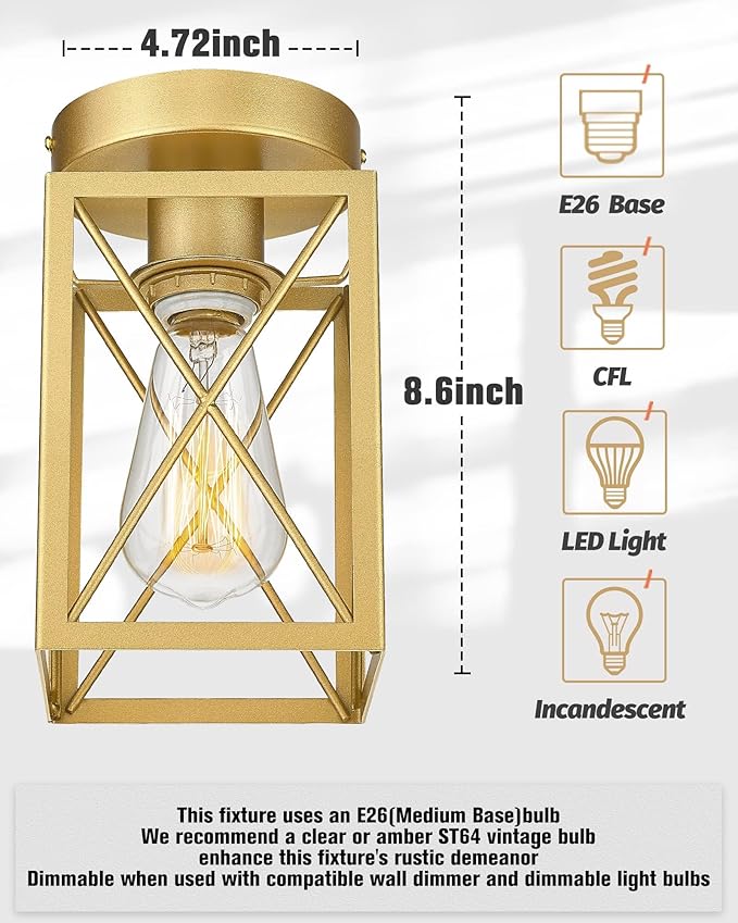 Ken & Ricky Hallway Flush Mount Ceiling Light,Cage Farmhouse Light Fixture Hardwired for Kitchen Over Sink,Bathroom,Laundry Room Entryway,Industrial Vintage Style,Single E26 Bulb（Gold,2PK）