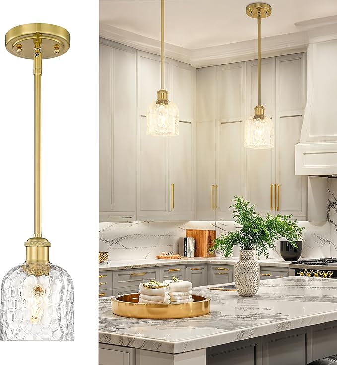 zeyu 1-Light Kitchen Pendant Lighting Fixture, Kitchen Island Ceiling Light, Vintage Pendant Light with Clear Hammered Glass, Brushed Gold Finish, ZJF63MIL BG