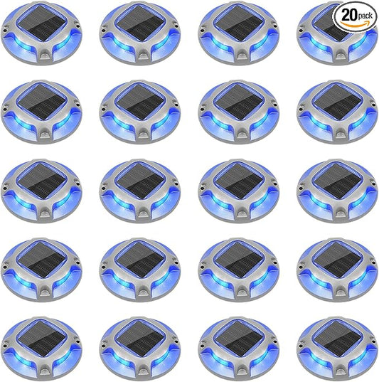 VOLISUN Solar Driveway Lights Dock Marine Lights 20 Pack,2 Colors in 1,Outdoor LED Deck Light,Solar Powered Waterproof Warning Step Light for Driveway Sidewalk Pathway (Blue/White),Saltwater Resistant