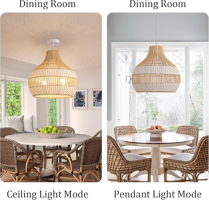 14.56" Rattan Pendant Light Fixture,2-Light Hand-Woven White Wicker Basket Chandelier 1-Pack Boho Faux Rattan Hanging Lamp,for Dining Living Bedroom Kitchen