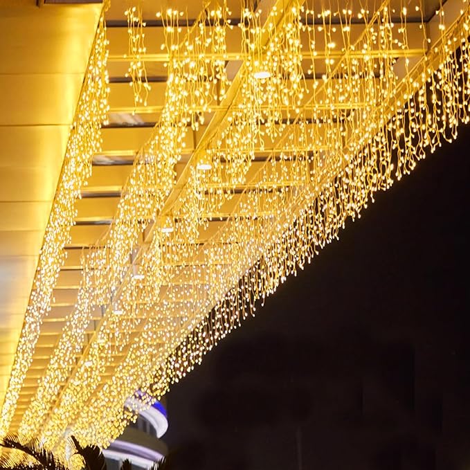 LED Icicle Lights, 8 Modes 16.4FT 112 LEDs Christmas Short Curtain Fairy Hanging Ceiling Extendable Lights for Wedding Balcony Doorway Outdoor Indoor Decoration Warm White, 5M04