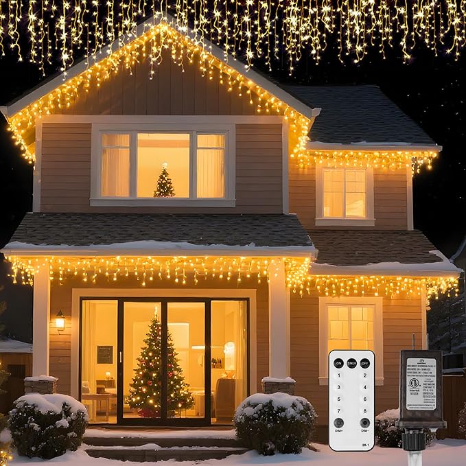 LED Icicle Lights for Outdoor Christmas Decorations,118Ft 1200 LEDs Christmas Fairy Light with Timer&Memory Function,8 Lighting Modes,Plug in hanging Curtain Lights for Xmas Party Wedding(Warm White)