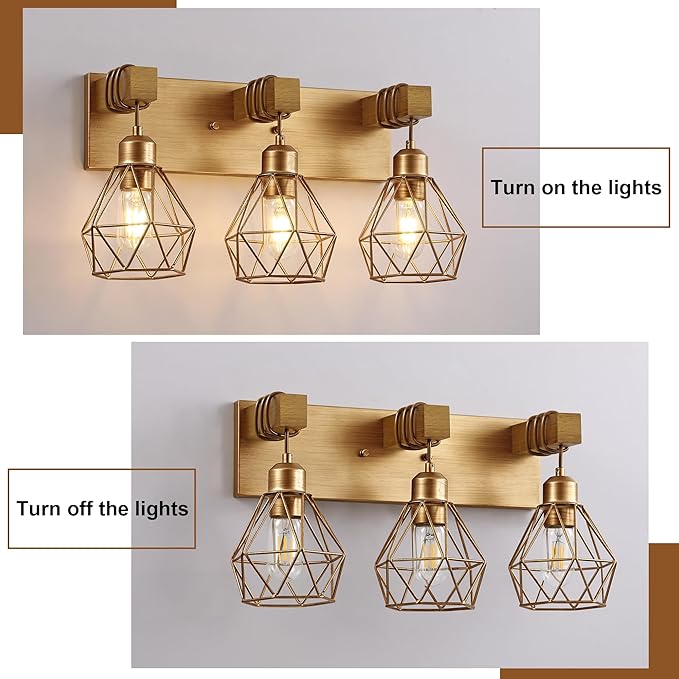 Farmhouse Bathroom Light Fixtures, 3-Light Gold Bathroom Vanity Light, Rustic Matte Antique Brass Finish with Metal Lampshade, Wall Sconces for Bedroom, Living Room, Hallway