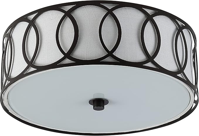 JONATHAN Y 12.25" Oil Rubbed Bronze 2-Light Modern Metal LED Flush Mount Ceiling Light for Bedroom Hallway, White Linen Drum Shade with Geometric Fretwork, LED Bulbs Included (JYL3502C)