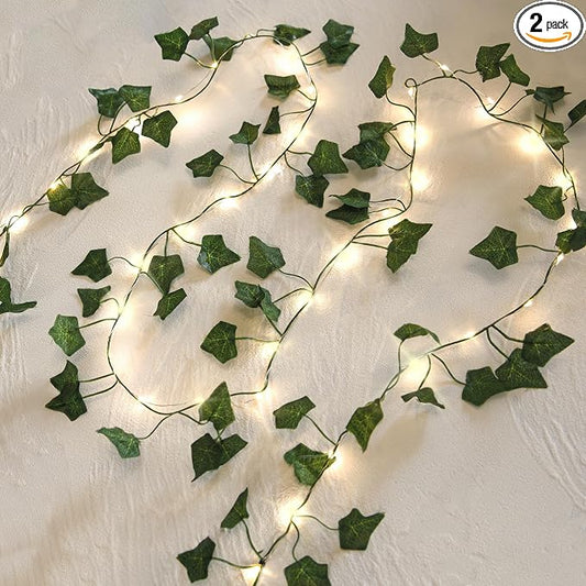 2 Pack 6.56 Ft Green Ivy Leaves Fairy String Lights Battery Operated, 40 LEDs Battery Powered Artificial Garland Plant Vine Fairy Light for Bedroom Wedding Party Holiday Patio Decor（Warm White）