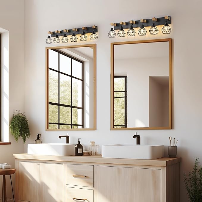Farmhouse Vanity Light for Bathroom, 6-Light Wood Bathroom Vanity Light Fixtures Over Mirror, Rustic Sconces Wall Lighting with Metal Lampshade for Living Room, Bedroom, Hallway