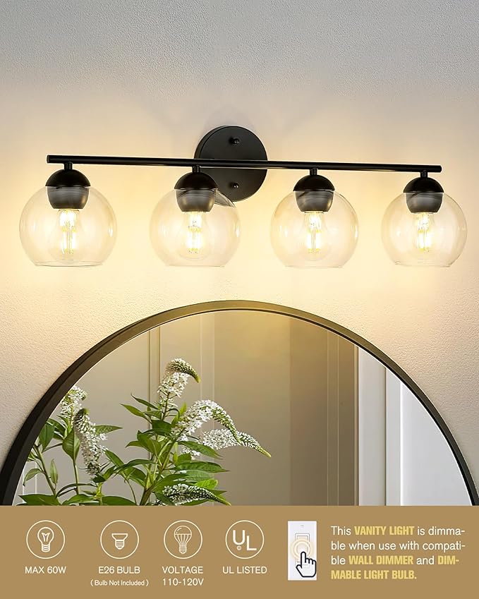 Emak 29 Inch Black Bathroom Light Fixtures, 4-Light Vanity Light with Clear Glass Shade, Globe Vanity Lights for Bathroom, VL114-BKL-4