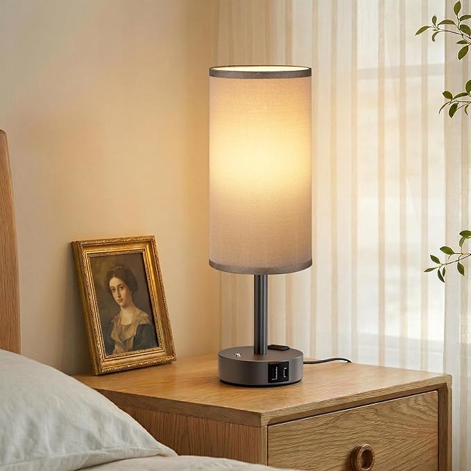 Touch Bedside Table Lamp with Memory - Stepless Dimmable Lamp for Bedroom, Small Nightstand Lamp with Dual USB Charging Ports and AC Outlet, Wood Night Light, Deak Lamp for Nursery (Grey & Grey)