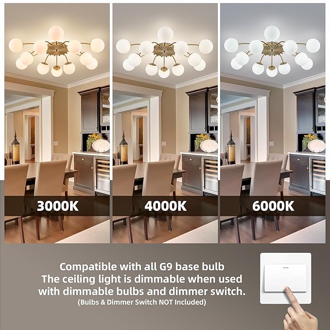 Modern Chandelier 12-Light Dining Room Light Fixture, 40" Dia Bubble Chandelier Sputnik Ceiling Light Fixture with Glass Globes, Semi Flush Ceiling Light for Dining Room (Gold Ceiling Light, 12 Light)