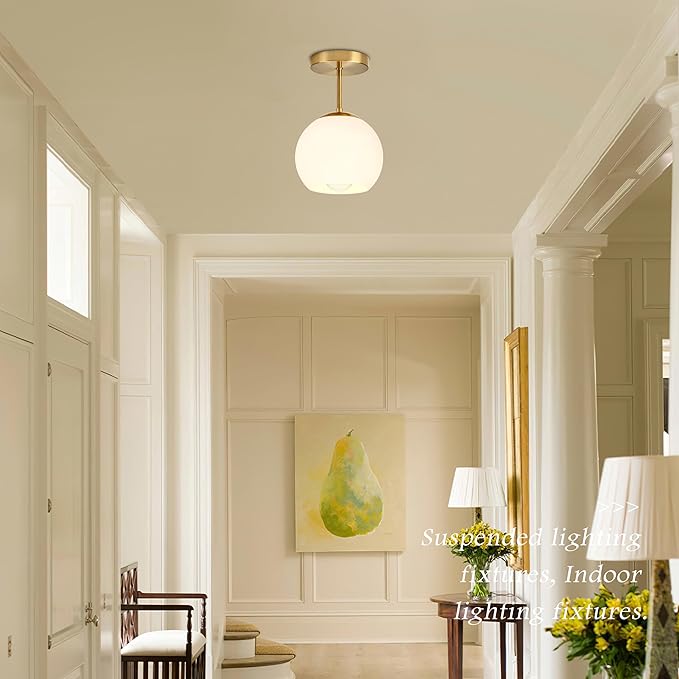 Gold Semi Flush Mount Ceiling Light Fixture Milk Glass Light Fixture Mid Century Flush Mount Ceiling Lights Brass Flush Mount Ceiling Schoolhouse Lights for Dining Room(Bulb Incl.)