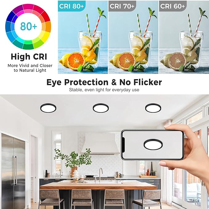 libtit 6Pack 7inch LED Flush Mount Ceiling Light, Dimmable & 5Color Temperatures (3000K-6500K), 15W Round Slim Black Light Fixture for Closet Hallway Kitchen Bathroom Laundry