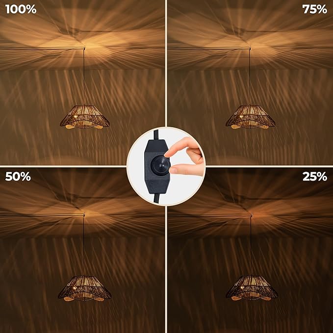 Lumstory Rattan Plug in Pendant Light for Ceiling Farmhouse Dark Brown Boho Woven Hanging Lights with Plug in Cord, Wicker Hanging Lamp with Dimmable Switch, Rattan Chandelier for Dining Room, 3-Light