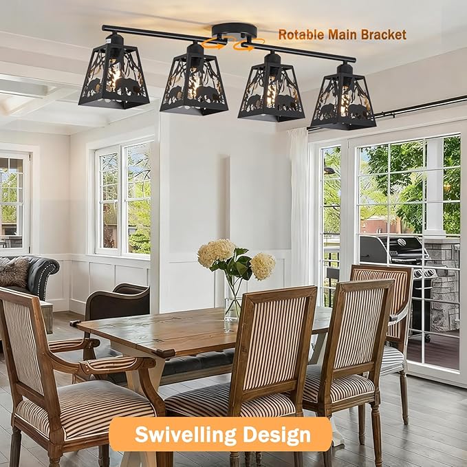 Rustic Flush Mount Ceiling Light - 4-Light Metal Fixture with Bear Design, Farmhouse Ceiling Lamp for Kitchen, Living Room, Bedroom, Dining Room, Entryway, Hallway (Bulbs not Included)