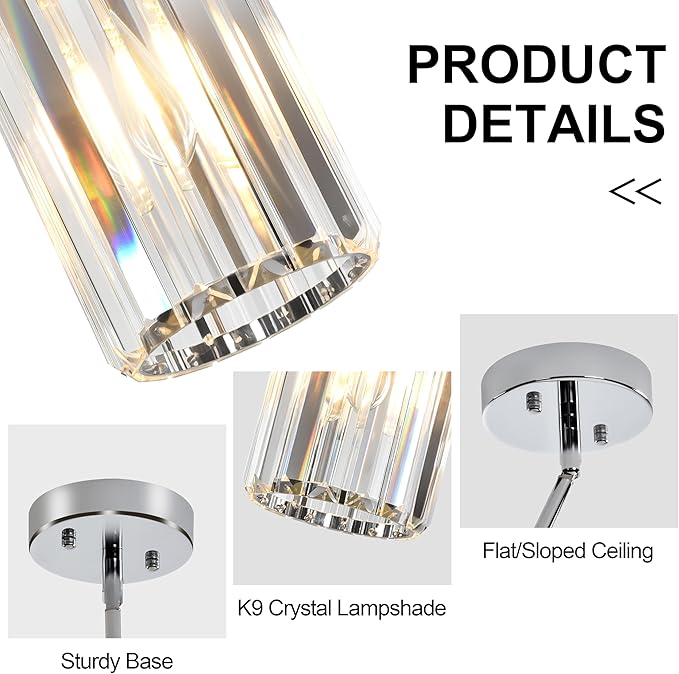 3-Pack Chrome Pendant Light Fixtures, Crystal Kitchen Pendant Lighting Over Island,Mini Modern Pendant Lights for Kitchen Island, Dining Room, Hallway, Foyer, Entryways