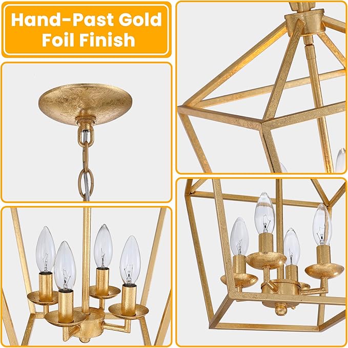 Untrammelife 4-Light Gold Lantern Pendant Light, Adjustable Height Metal Geometric Light Fixture 12'' Classic Cage Chandelier for Kitchen Island Hallway, Hand-Pasted Gold Foil Finish