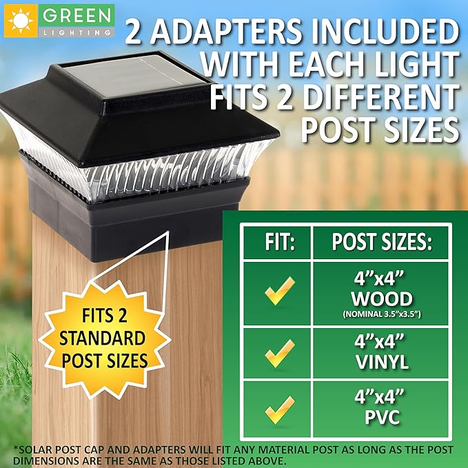 GreenLighting Standard #1 Solar Post Cap Lights Fits 4x4 Nominal Wood, 4x4 PCV/Vinyl Posts, Outdoor Fence Solar Powered Light, Landscaping, Deck, Garden, Includes Flush Mount Adapter Black 12 Pack