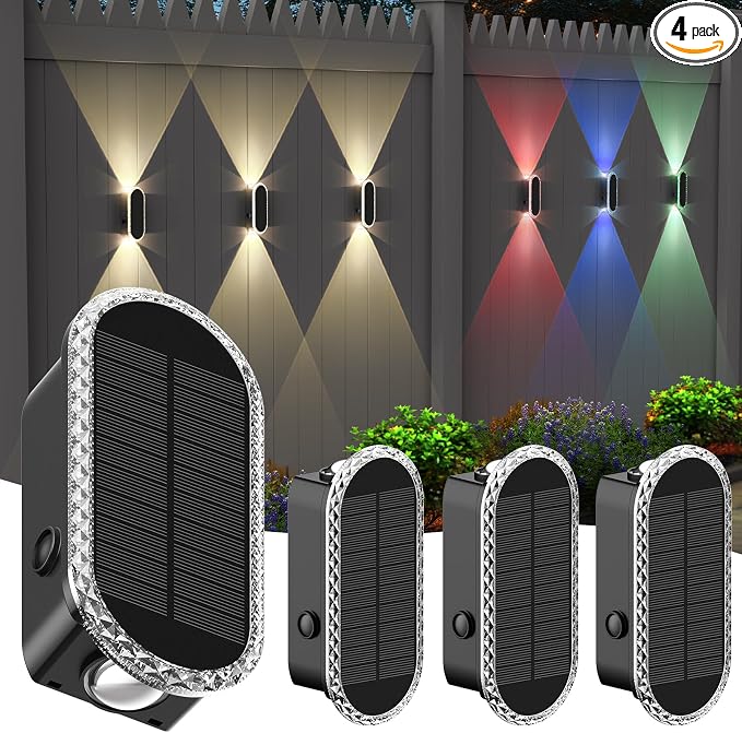 Herzila 4 Pack Solar Fence Lights, RGBW 7-Color Changing Waterproof Top and Bottom Lighting Wall for Landscape/Fence/Patio/Wall/Garden Christmas Solar Lights (2 Installation Modes)